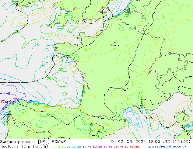 Isotachen (km/h) ECMWF zo 02.06.2024 18 UTC