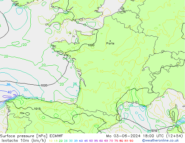 Isotachs (kph) ECMWF lun 03.06.2024 18 UTC