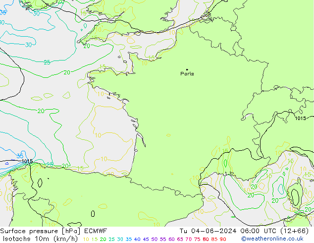 Isotachs (kph) ECMWF  04.06.2024 06 UTC