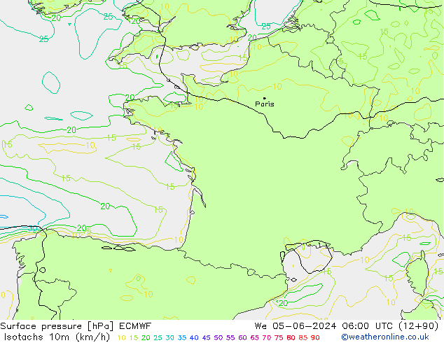 Isotachen (km/h) ECMWF Mi 05.06.2024 06 UTC