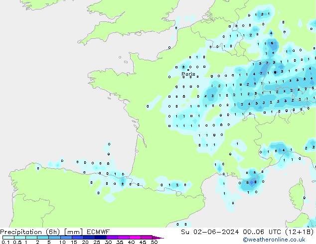 Precipitation (6h) ECMWF Su 02.06.2024 06 UTC