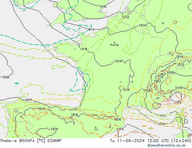 Theta-e 850hPa ECMWF Sa 11.06.2024 12 UTC
