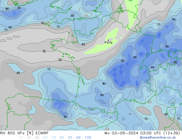 RH 850 hPa ECMWF pon. 03.06.2024 03 UTC