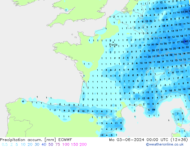 Precipitación acum. ECMWF lun 03.06.2024 00 UTC