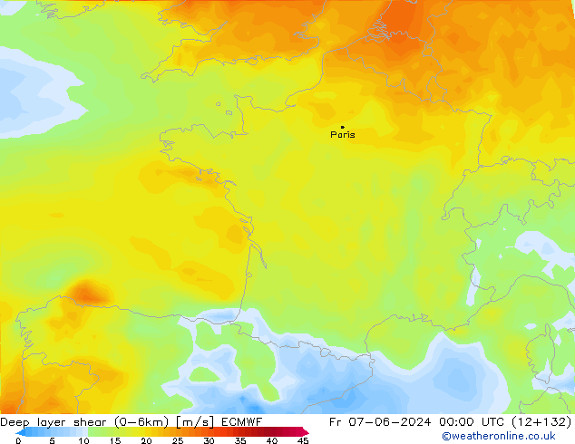 Deep layer shear (0-6km) ECMWF  07.06.2024 00 UTC