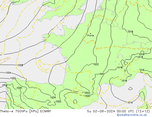 Theta-e 700hPa ECMWF Su 02.06.2024 00 UTC
