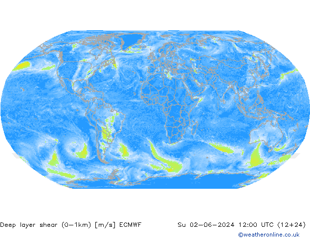 Deep layer shear (0-1km) ECMWF Su 02.06.2024 12 UTC