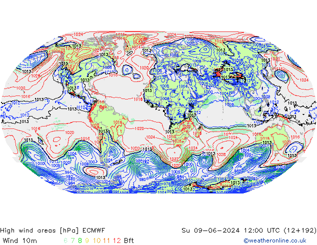 High wind areas ECMWF dom 09.06.2024 12 UTC