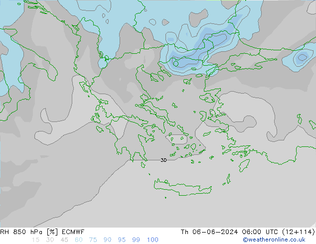 Humidité rel. 850 hPa ECMWF jeu 06.06.2024 06 UTC