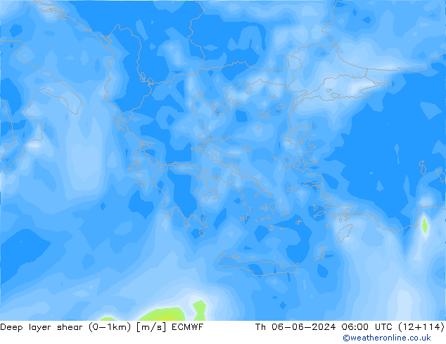 Deep layer shear (0-1km) ECMWF jeu 06.06.2024 06 UTC