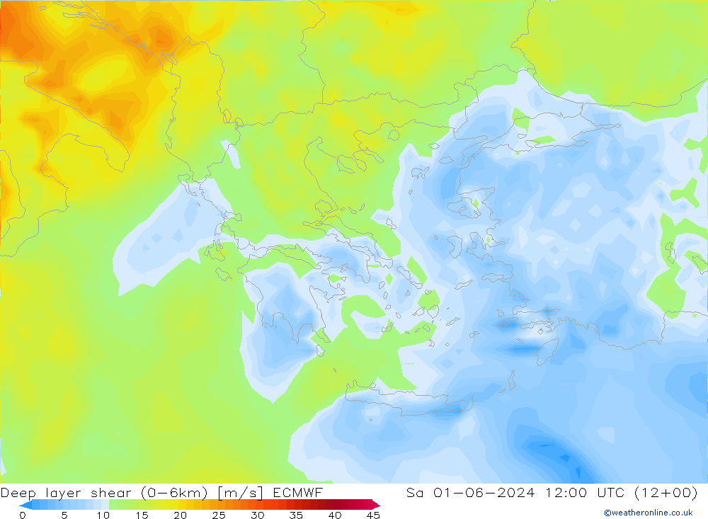 Deep layer shear (0-6km) ECMWF Sa 01.06.2024 12 UTC