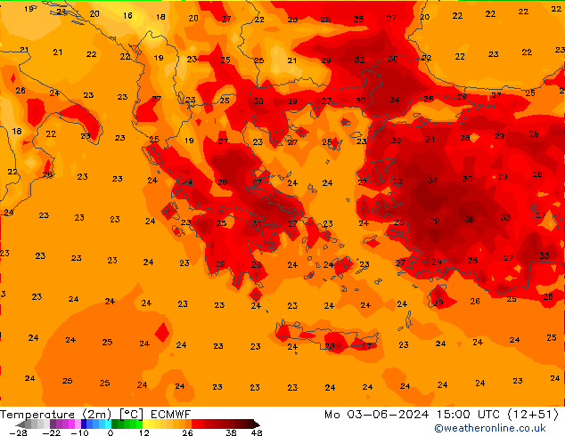 Sıcaklık Haritası (2m) ECMWF Pzt 03.06.2024 15 UTC