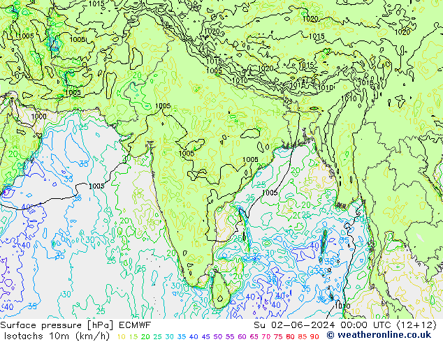 Isotachs (kph) ECMWF Ne 02.06.2024 00 UTC