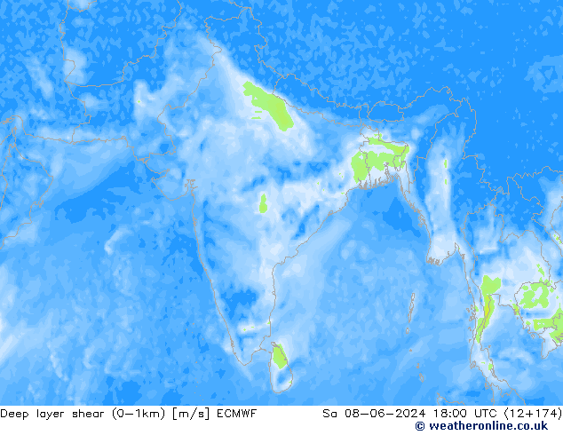 Deep layer shear (0-1km) ECMWF sam 08.06.2024 18 UTC