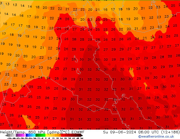 Yükseklik/Sıc. 850 hPa ECMWF Paz 09.06.2024 06 UTC