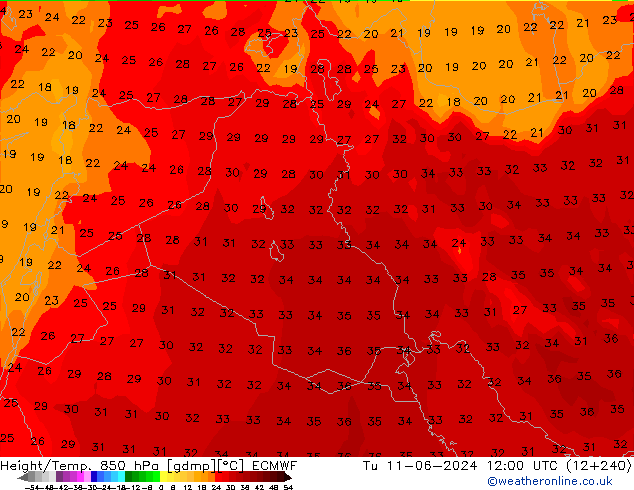 Height/Temp. 850 hPa ECMWF wto. 11.06.2024 12 UTC