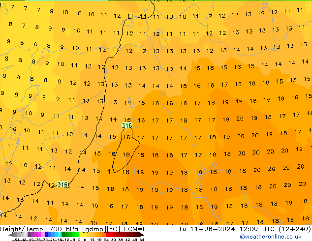 Yükseklik/Sıc. 700 hPa ECMWF Sa 11.06.2024 12 UTC