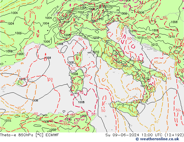 Theta-e 850hPa ECMWF dim 09.06.2024 12 UTC