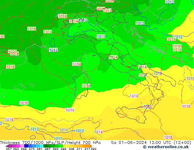 Thck 700-1000 hPa ECMWF sab 01.06.2024 12 UTC