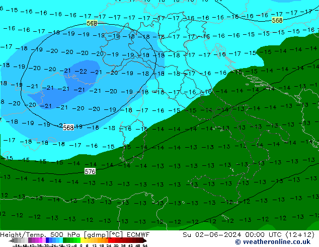 Height/Temp. 500 hPa ECMWF dom 02.06.2024 00 UTC