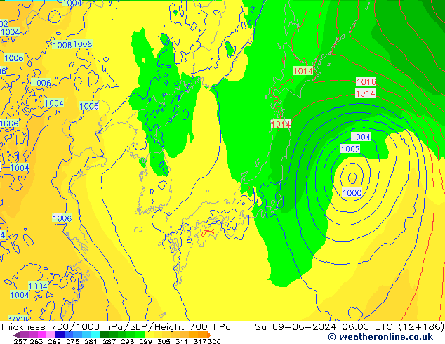 Espesor 700-1000 hPa ECMWF dom 09.06.2024 06 UTC