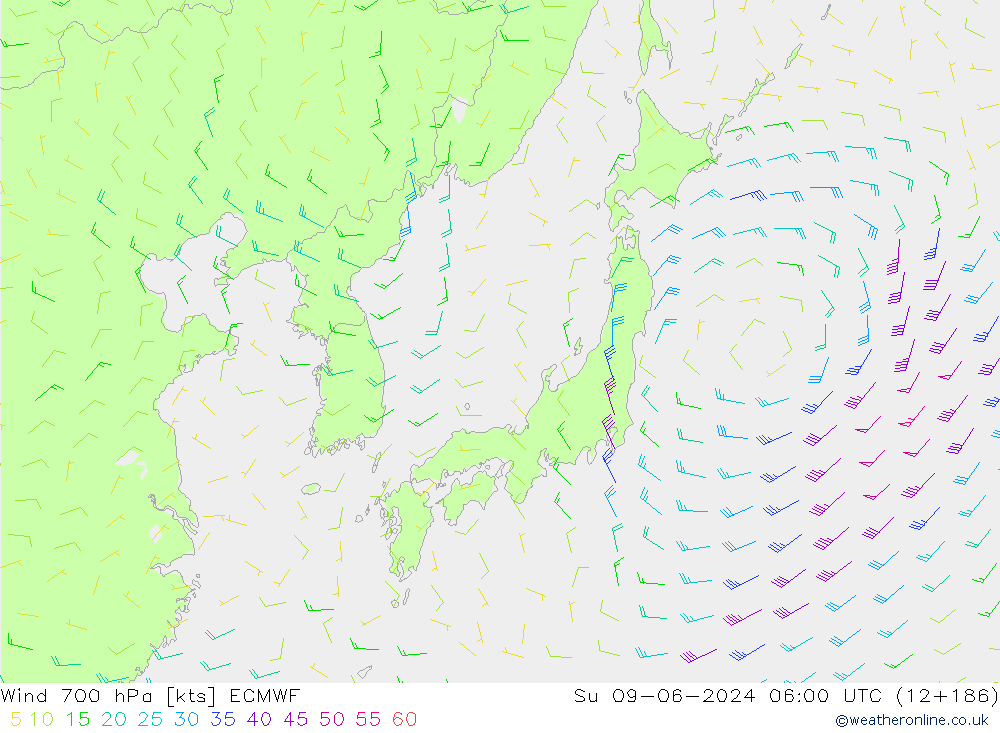 wiatr 700 hPa ECMWF nie. 09.06.2024 06 UTC