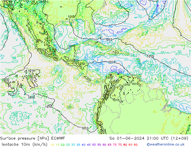 Isotachs (kph) ECMWF Sa 01.06.2024 21 UTC