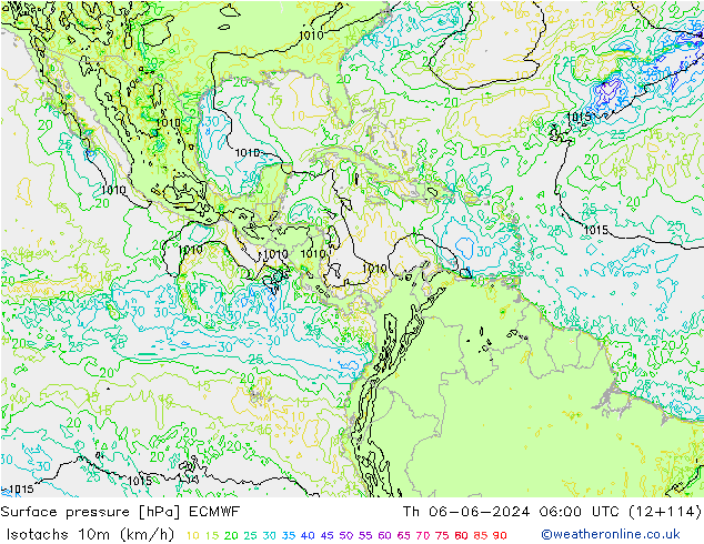 Isotaca (kph) ECMWF jue 06.06.2024 06 UTC