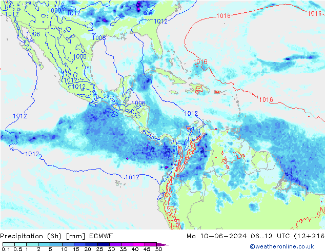 Precipitación (6h) ECMWF lun 10.06.2024 12 UTC