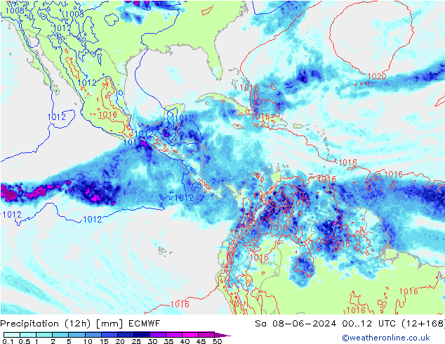 Totale neerslag (12h) ECMWF za 08.06.2024 12 UTC