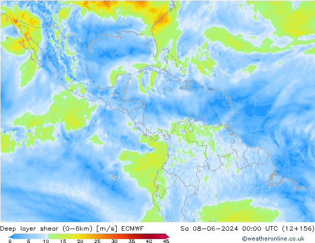 Deep layer shear (0-6km) ECMWF za 08.06.2024 00 UTC