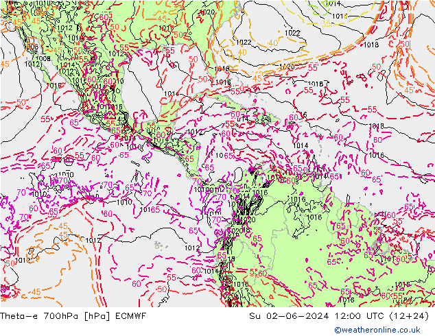 Theta-e 700hPa ECMWF Paz 02.06.2024 12 UTC