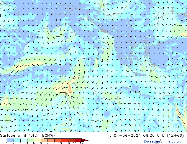 Viento 10 m (bft) ECMWF mar 04.06.2024 06 UTC