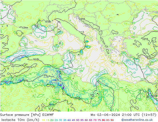 Isotachen (km/h) ECMWF ma 03.06.2024 21 UTC