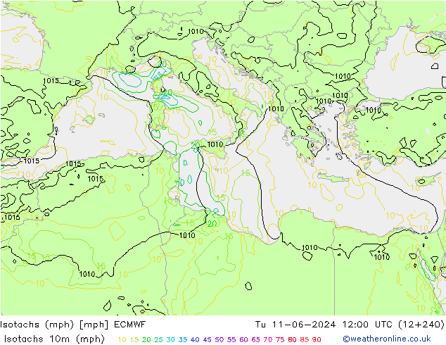 Isotachs (mph) ECMWF вт 11.06.2024 12 UTC