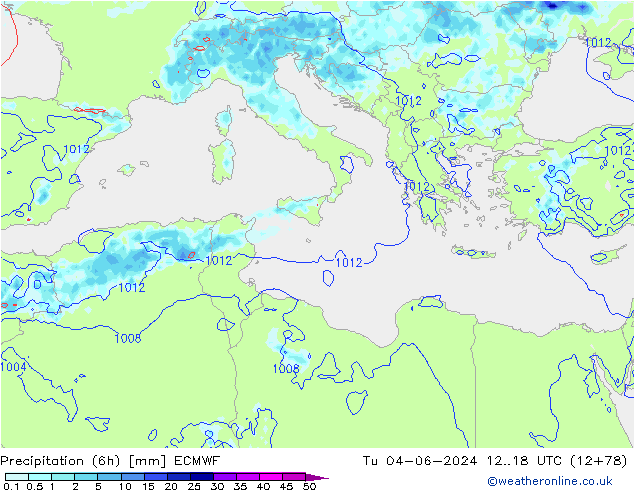 Precipitation (6h) ECMWF Tu 04.06.2024 18 UTC