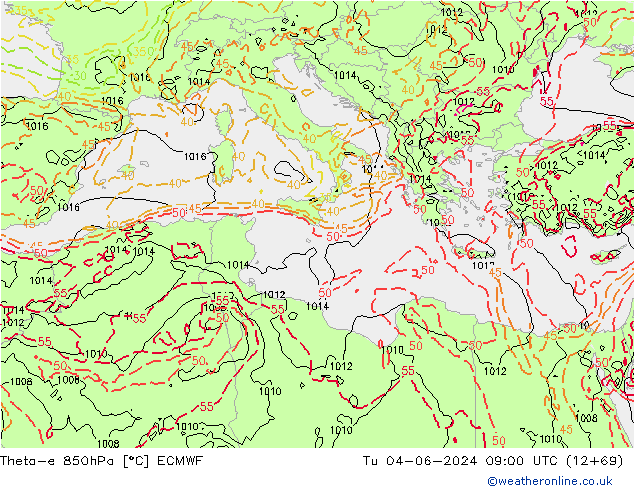 Theta-e 850hPa ECMWF  04.06.2024 09 UTC