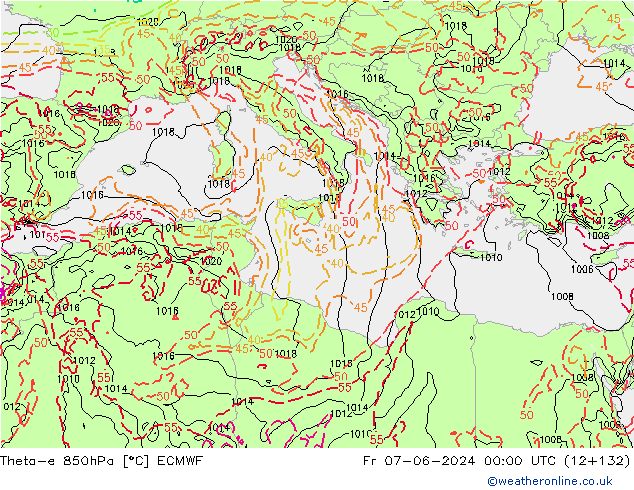 Theta-e 850hPa ECMWF ven 07.06.2024 00 UTC