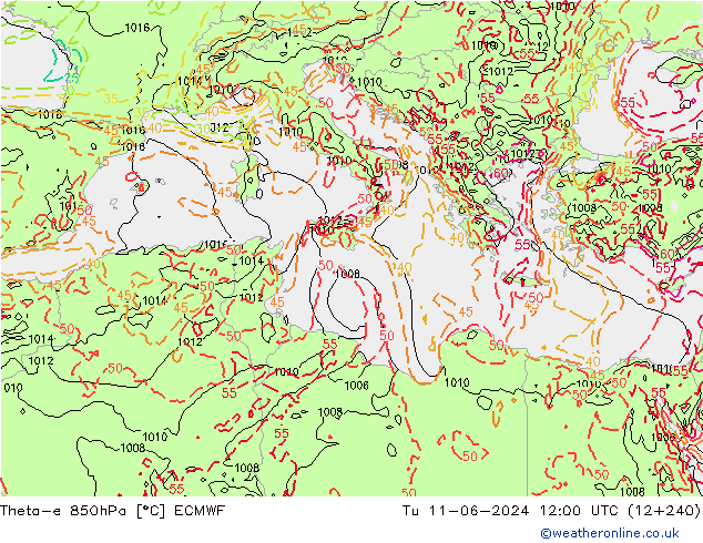 Theta-e 850гПа ECMWF вт 11.06.2024 12 UTC