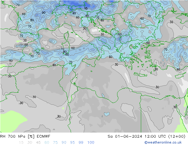 Humedad rel. 700hPa ECMWF sáb 01.06.2024 12 UTC