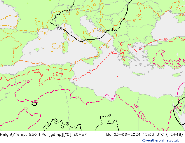 Z500/Rain (+SLP)/Z850 ECMWF Mo 03.06.2024 12 UTC