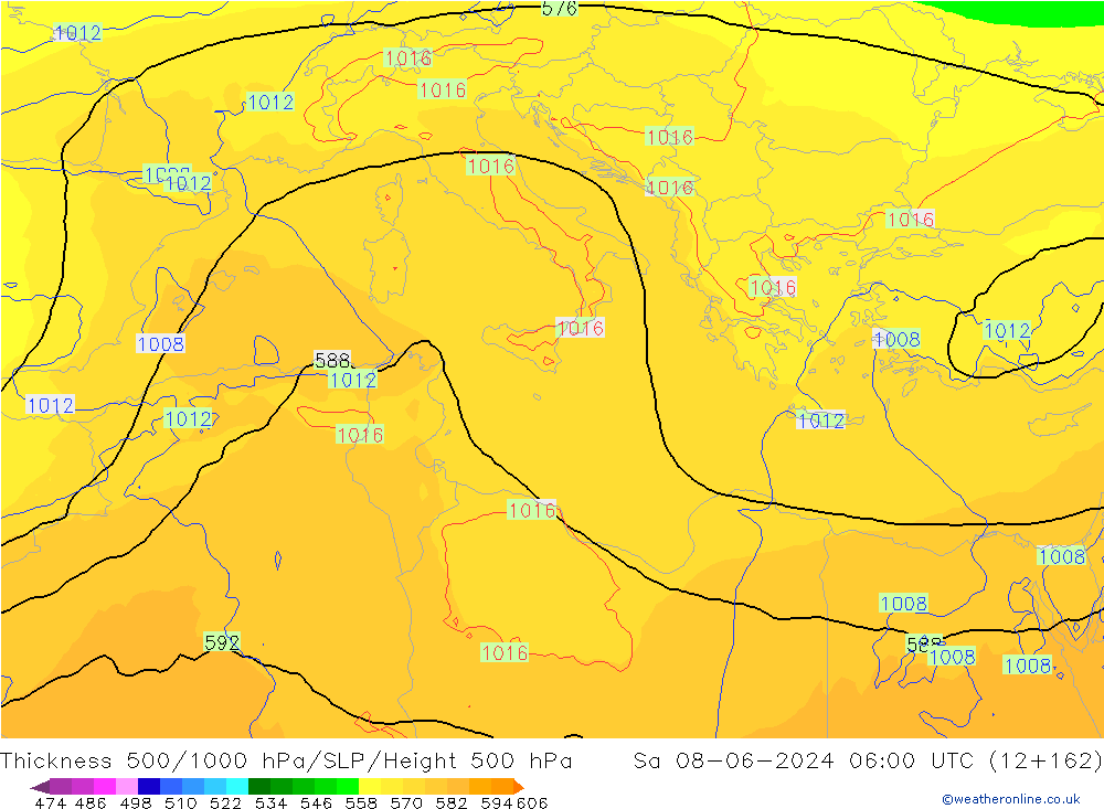 Thck 500-1000гПа ECMWF сб 08.06.2024 06 UTC