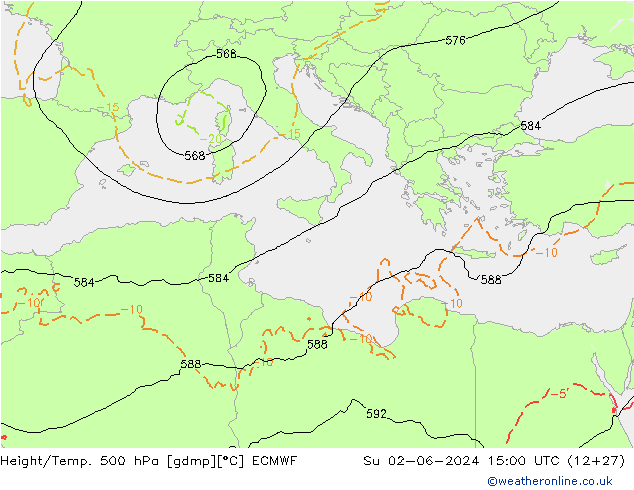 Height/Temp. 500 hPa ECMWF Dom 02.06.2024 15 UTC