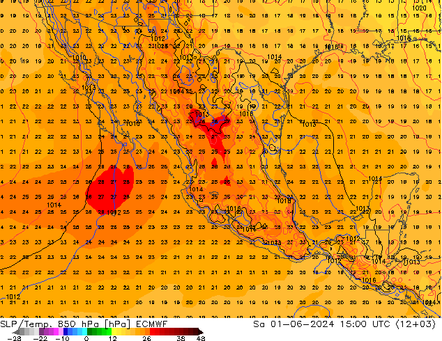 SLP/Temp. 850 hPa ECMWF Sáb 01.06.2024 15 UTC