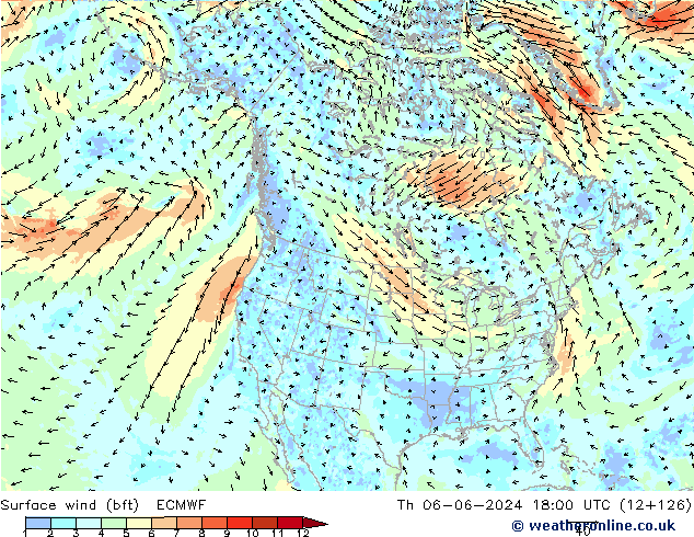 Surface wind (bft) ECMWF Th 06.06.2024 18 UTC