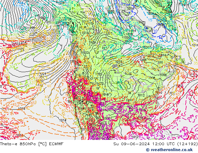 Theta-e 850hPa ECMWF Dom 09.06.2024 12 UTC