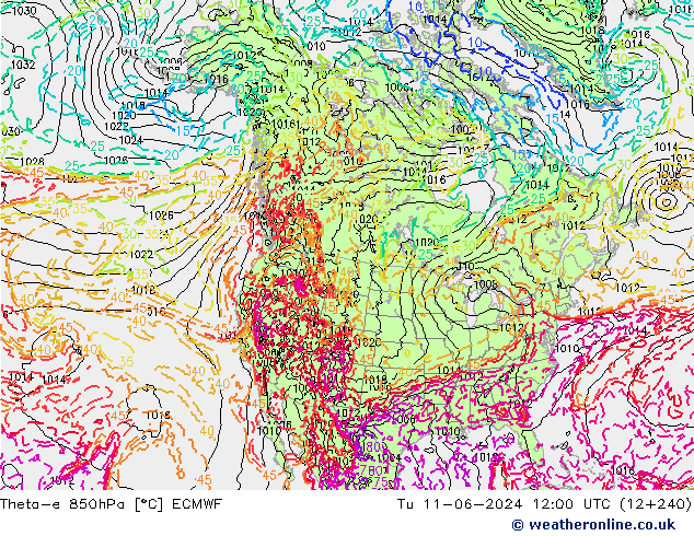 Theta-e 850hPa ECMWF Út 11.06.2024 12 UTC