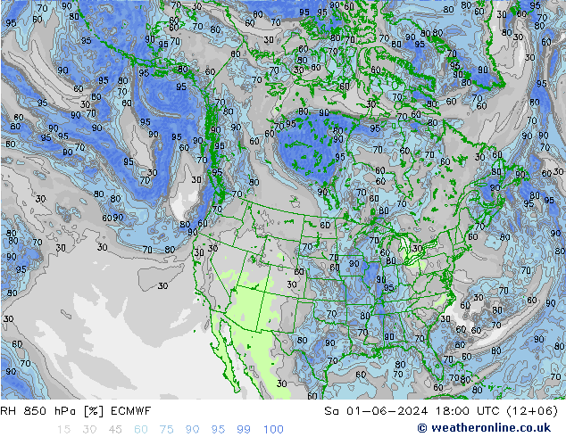 RH 850 hPa ECMWF Sáb 01.06.2024 18 UTC