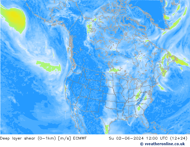 Deep layer shear (0-1km) ECMWF Su 02.06.2024 12 UTC