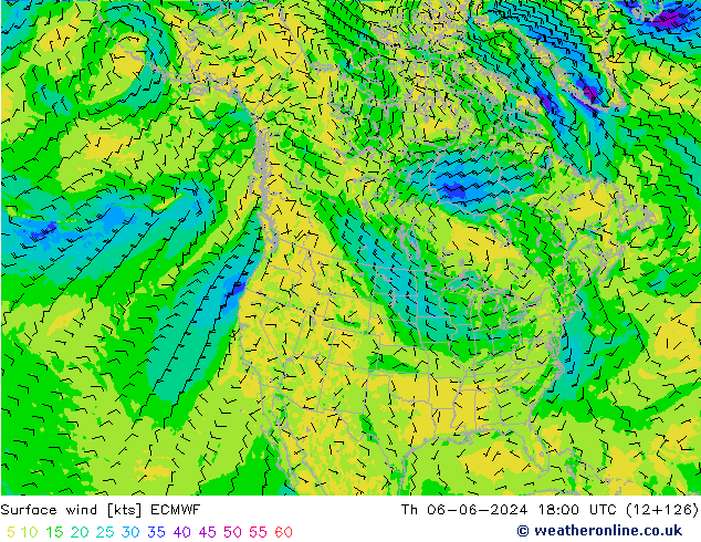 Surface wind ECMWF Čt 06.06.2024 18 UTC